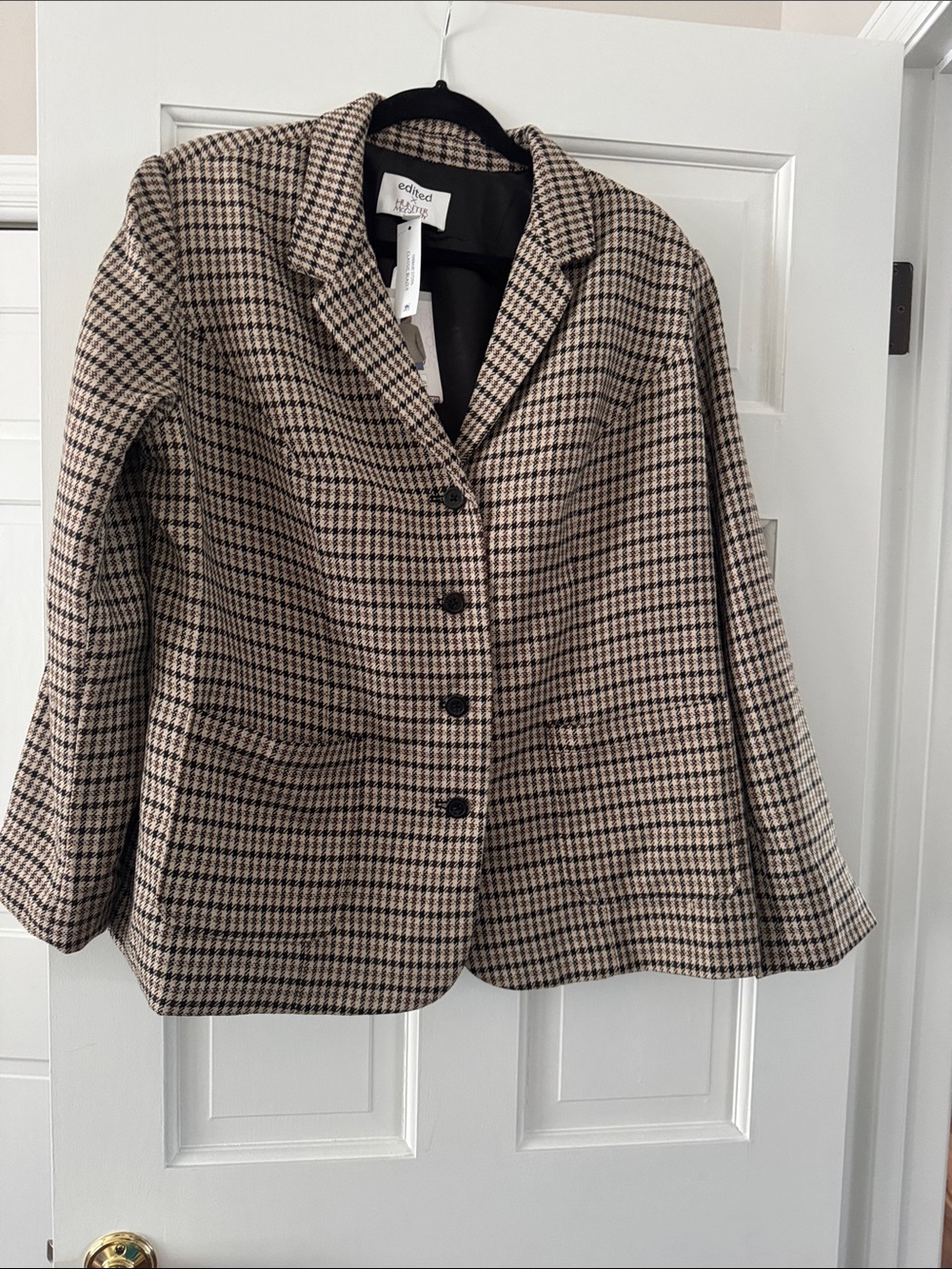 Checked Houndstooth Blazer Jacket - Beige & Black